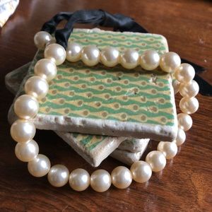Pearl Necklace with black ribbon ties